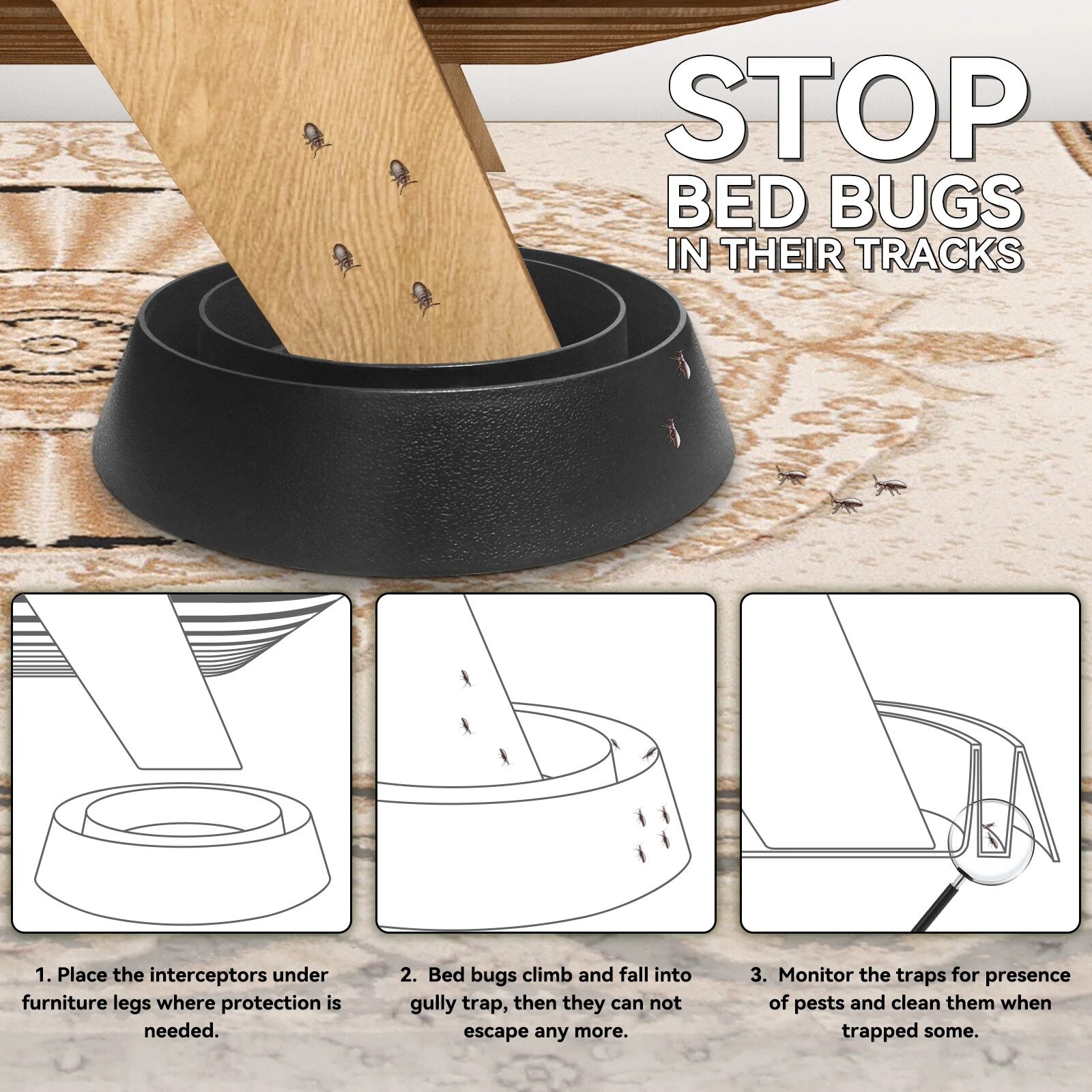 Intercepteurs pour Punaises de Lit Bed Bug Blocker Pro, Pièges à Punaises de Lit, Dispositif de Capture et de Détection pour Pieds de Lit - Lot de 4-3-Petmonde